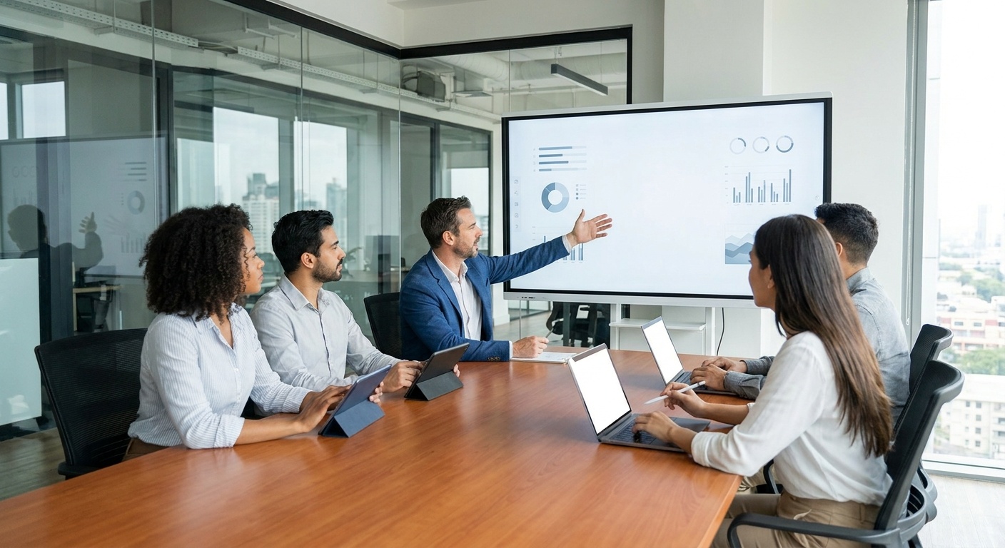 A diverse group of business professionals in a modern conference room, with a man in a blue suit presenting charts on a large screen to colleagues seated around