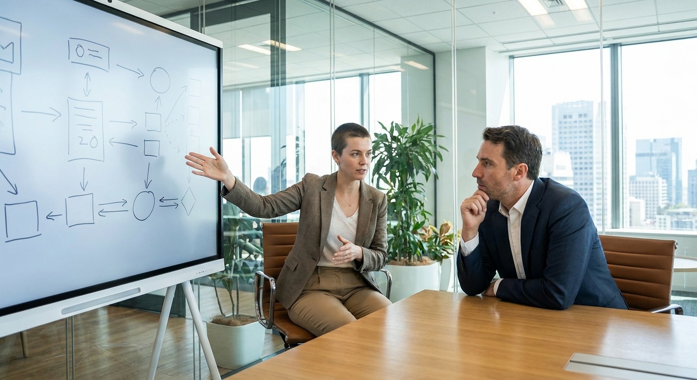 A woman with short hair gestures towards a flowchart on a whiteboard in a modern office meeting room, while a man in a suit listens thoughtfully.. User descript