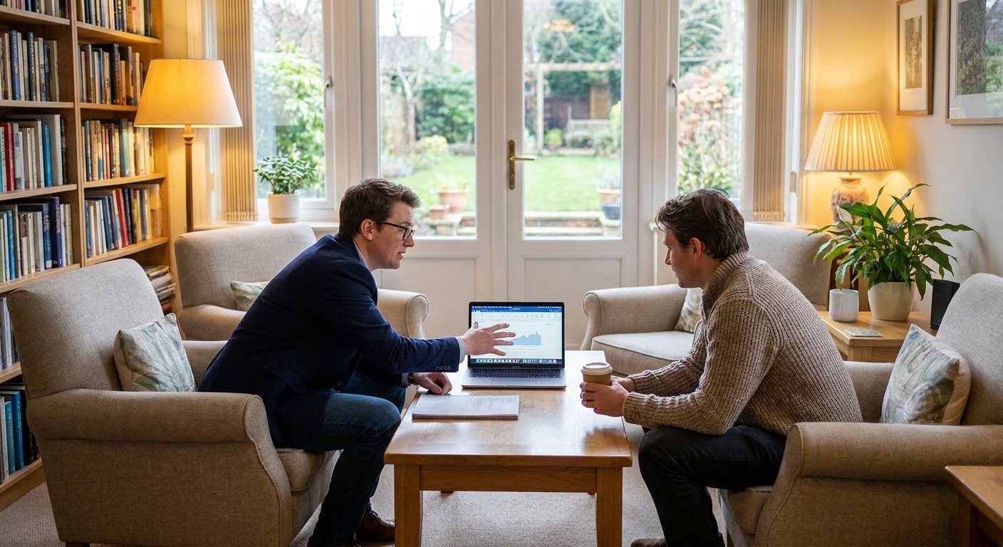 Two men in a cozy, book-lined room with large windows overlooking a garden, one presenting a laptop to the other, in a realistic, warm-toned style.. User descri